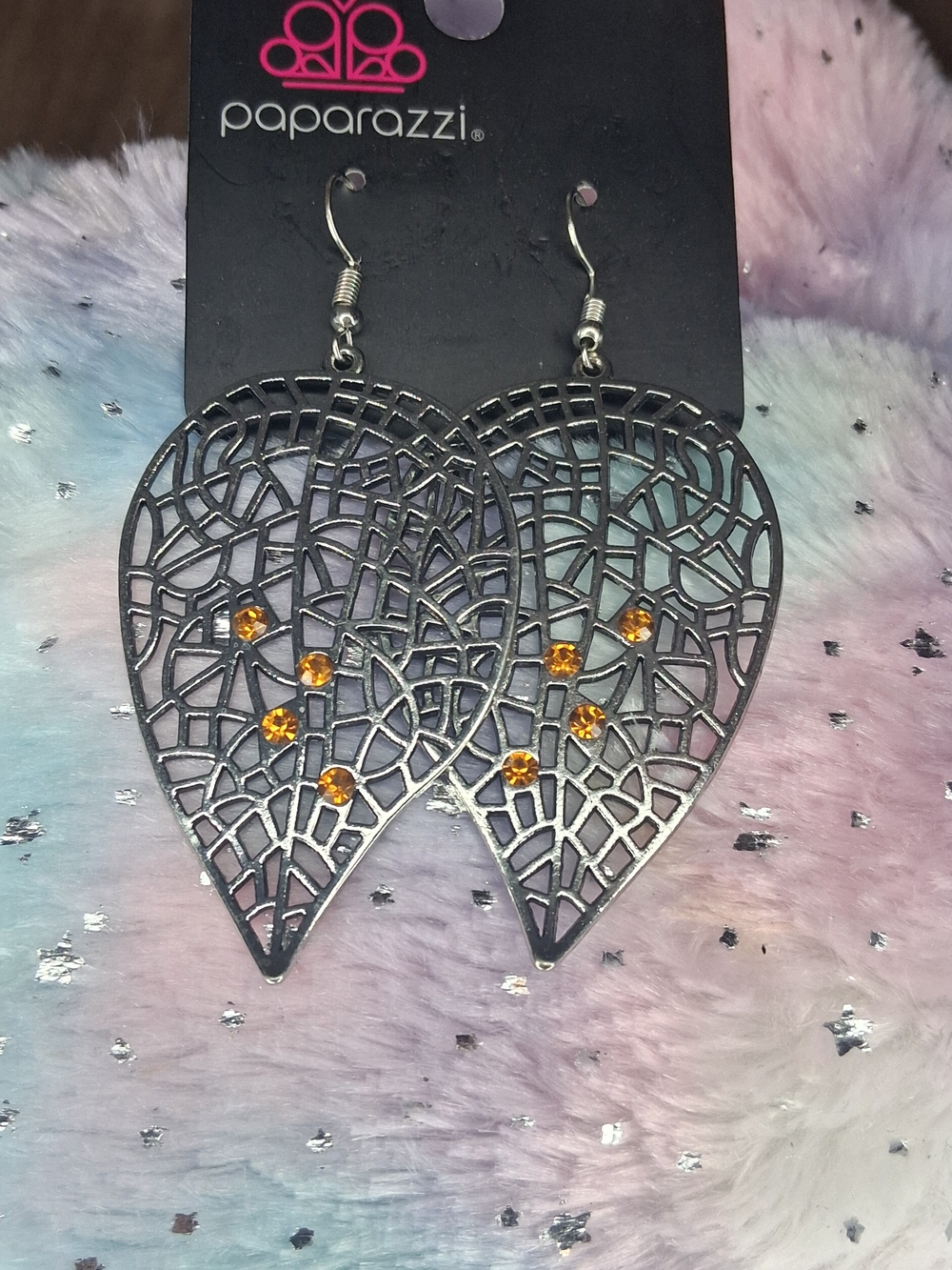 Silver Filigree Teardrop Earrings with Orange Stones